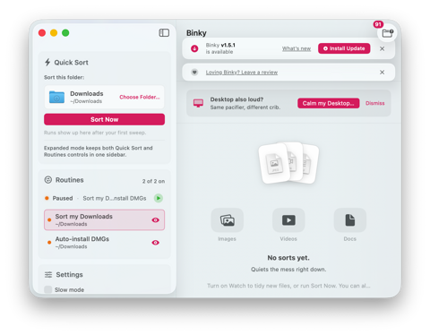 Binky main window with Quick Sort for Downloads and routines in the sidebar