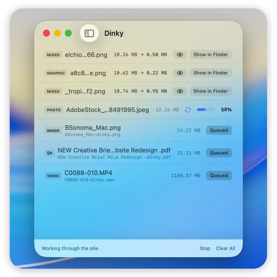 Dinky queue listing mixed images, PDFs, and video with original and compressed sizes