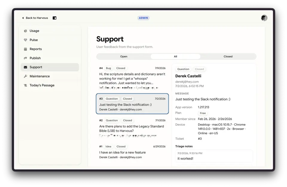 Harvous admin Support inbox with ticket list, selected question from Derek Castelli, device context, and triage notes