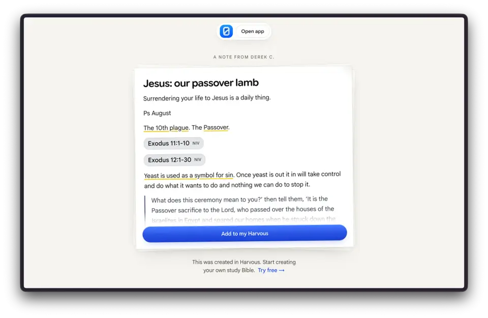 A shared Harvous note page for Jesus: our passover lamb with Open app and Add to my Harvous actions
