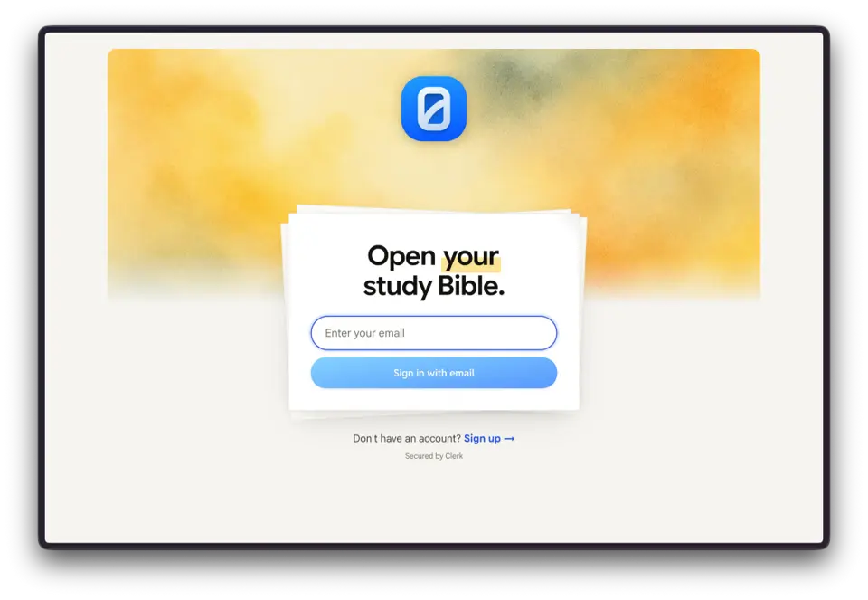 Harvous sign-in screen with Open your study Bible headline and email sign-in