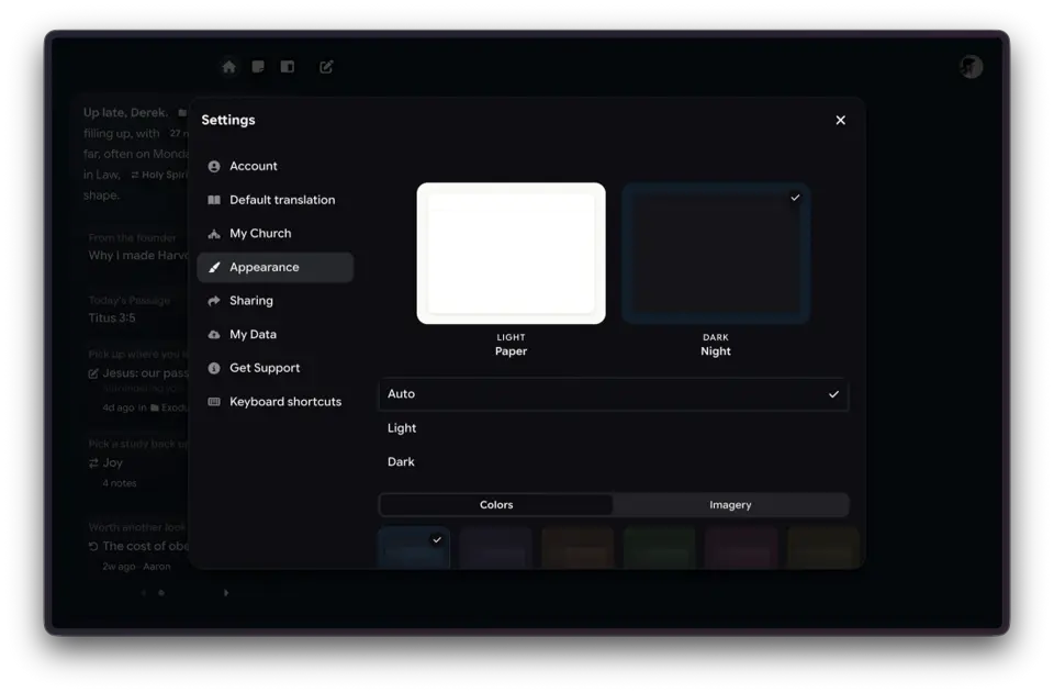 Harvous Appearance settings with Light Paper and Dark Night theme previews, Auto mode, and accent color swatches