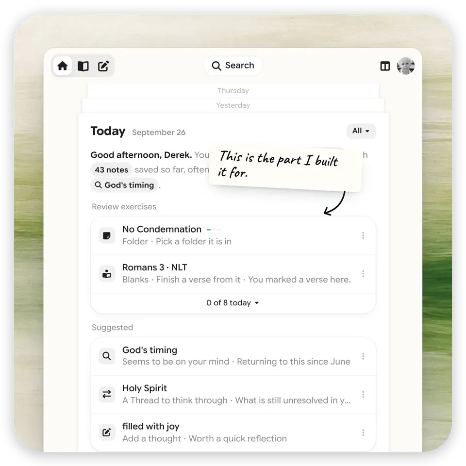 Harvous Today view with a personalized greeting, review exercises, and suggested threads to return to