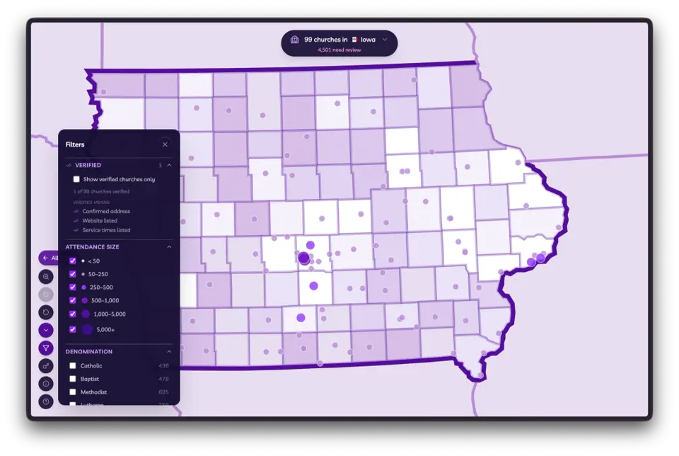Iowa map with Filters open — verified criteria and attendance size ranges controlling which churches show