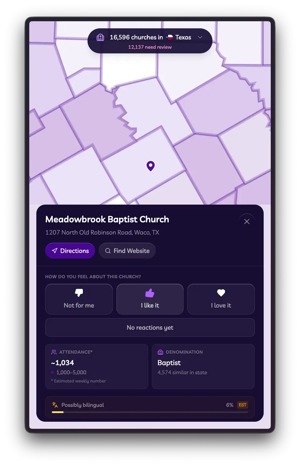 Church detail card for Meadowbrook Baptist Church with estimated attendance, denomination, reactions, and bilingual estimate