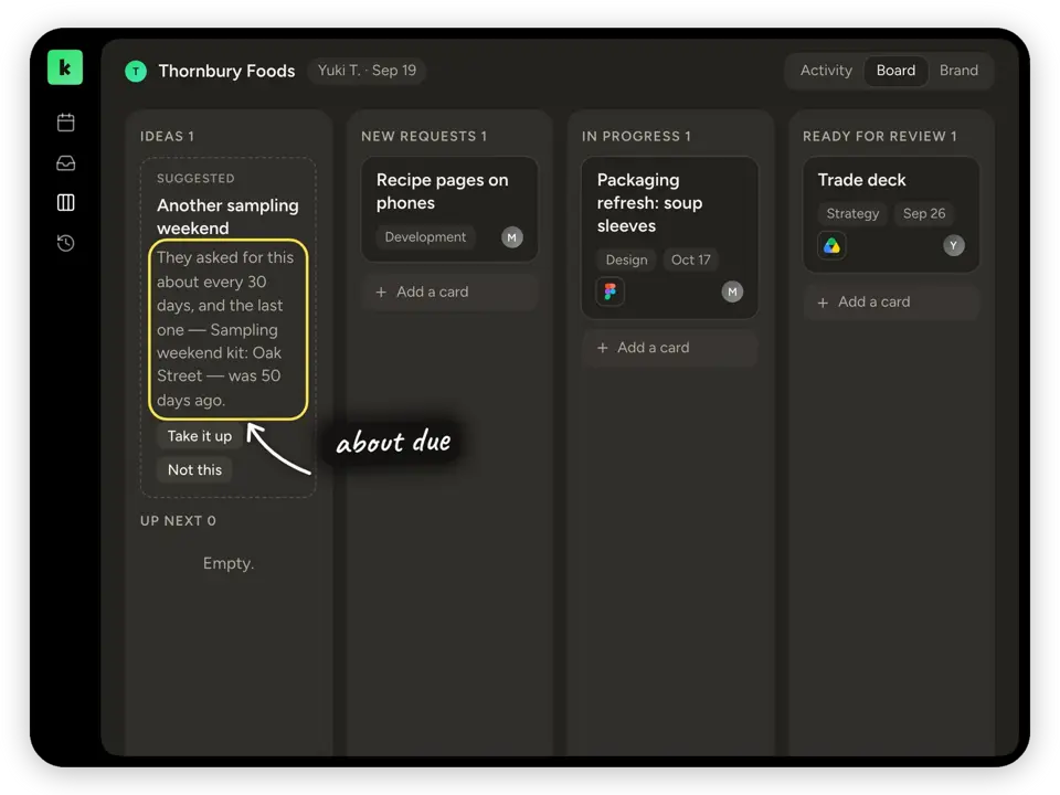 A board with a suggested card noticing a recurring request is about due