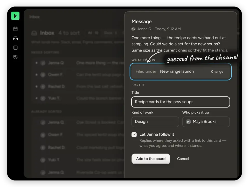 Sorting a Slack message into a card with a title, kind of work, and owner