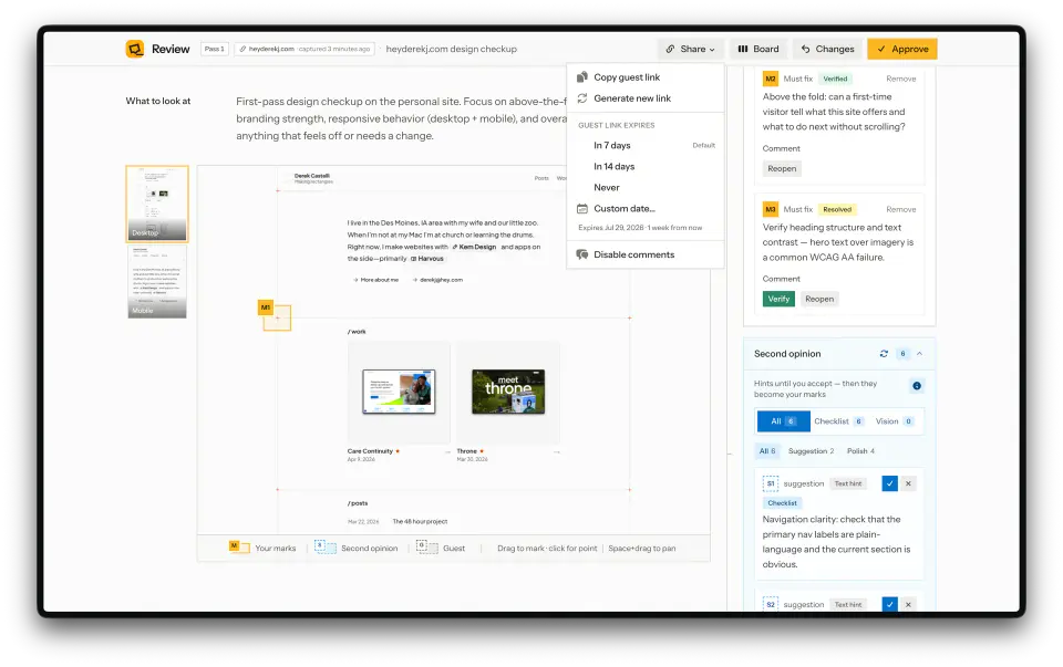 ReviseMy Share menu with copy guest link, generate new link, and expiry options