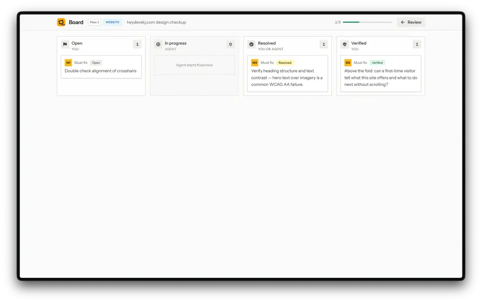 ReviseMy Board with Open, In progress, Resolved, and Verified columns for a design checkup