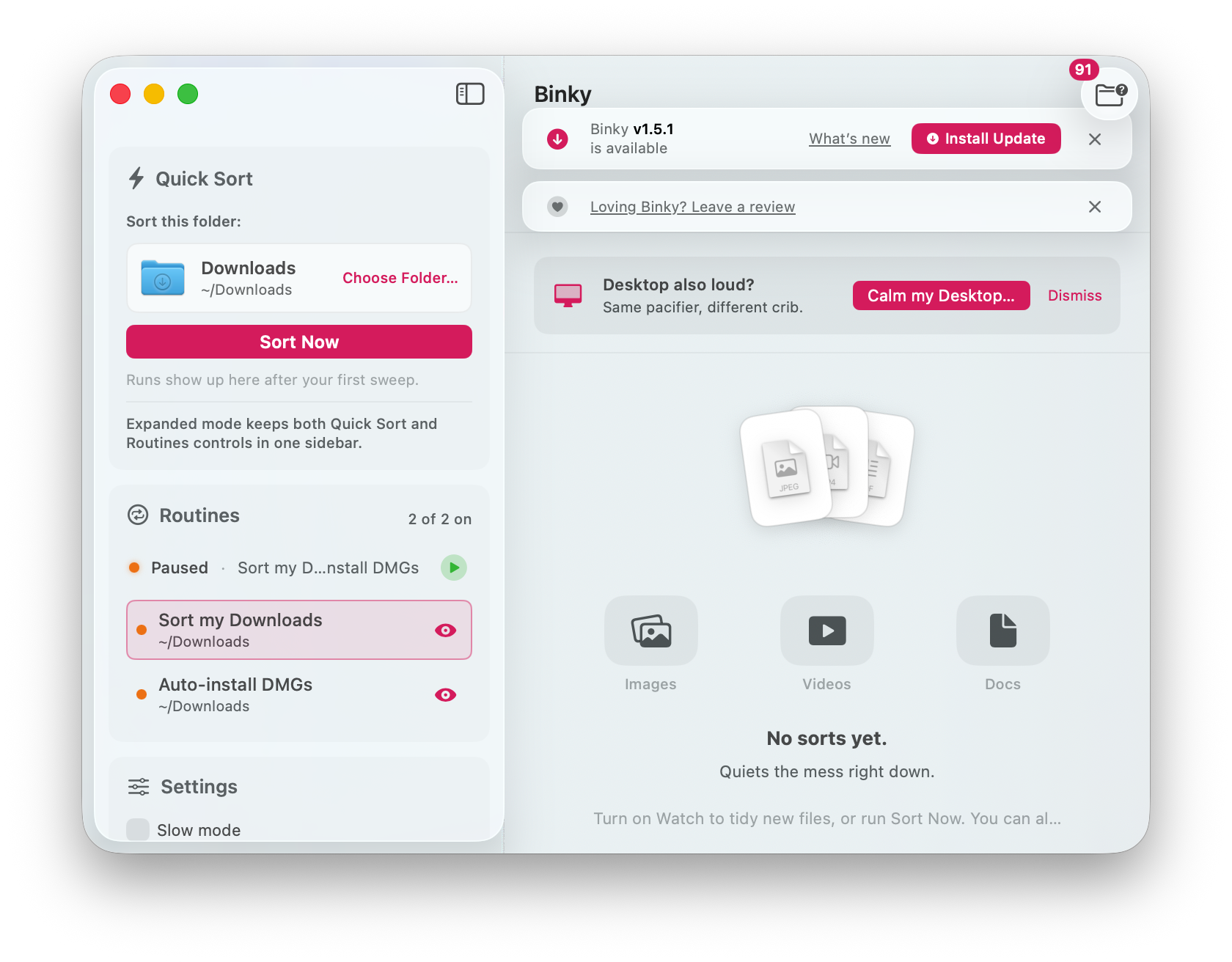 Binky main window with Quick Sort for Downloads and routines in the sidebar