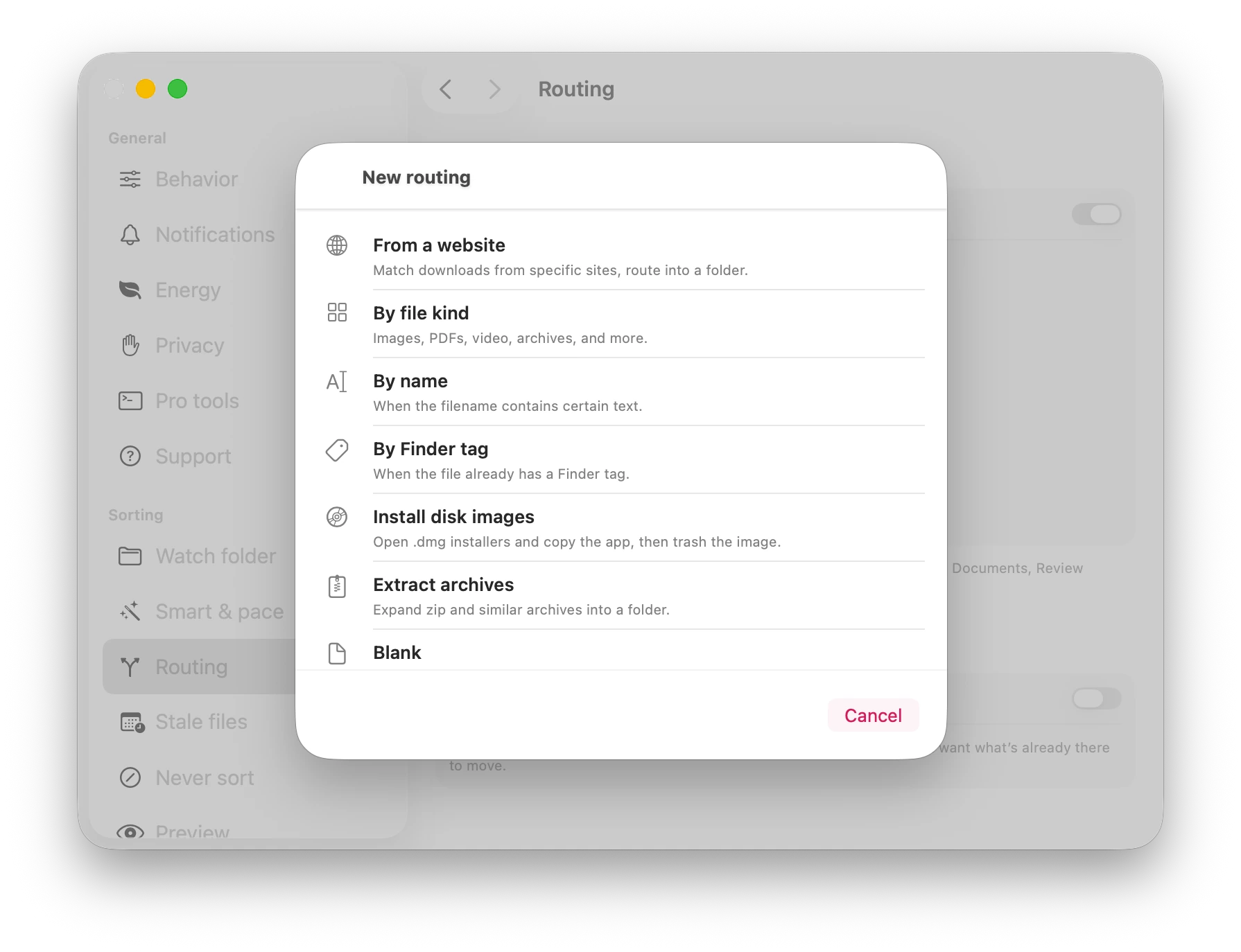 Binky New routing sheet with options for website, file kind, name, Finder tag, disk images, and archives