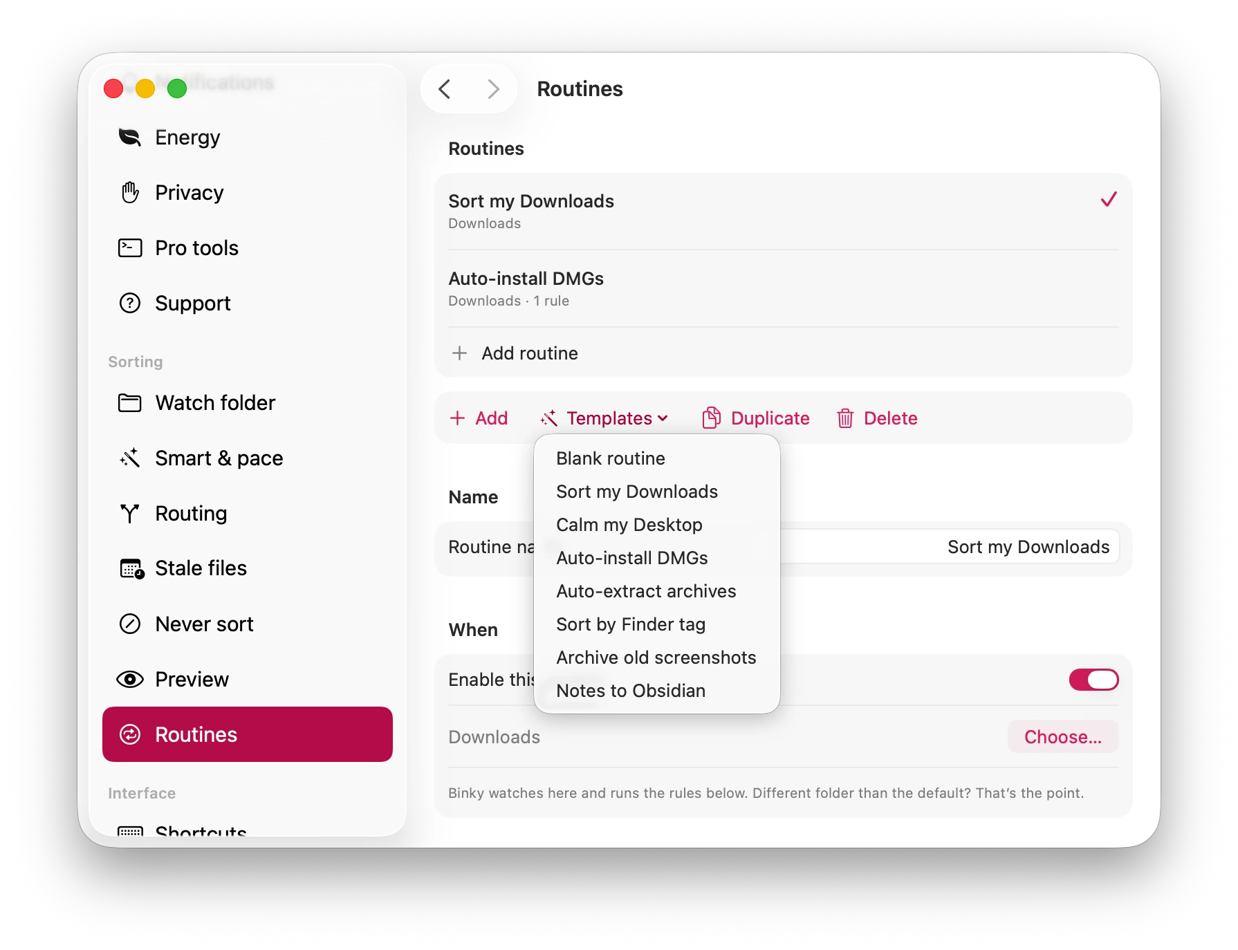 Binky Routines settings with Sort my Downloads selected and the Templates menu open
