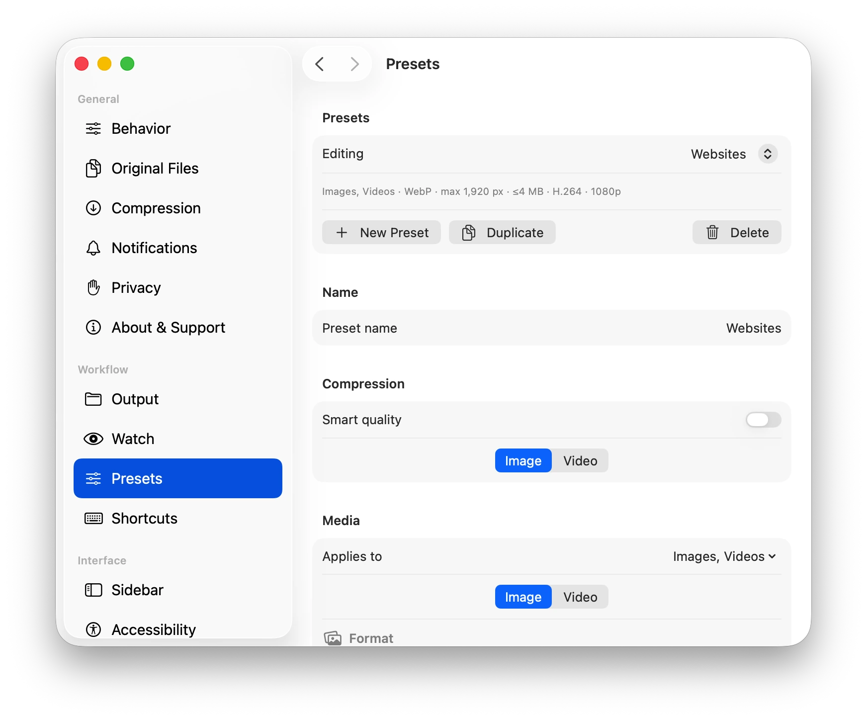 Dinky Presets settings editing a Websites preset with Smart quality, media types, and format options