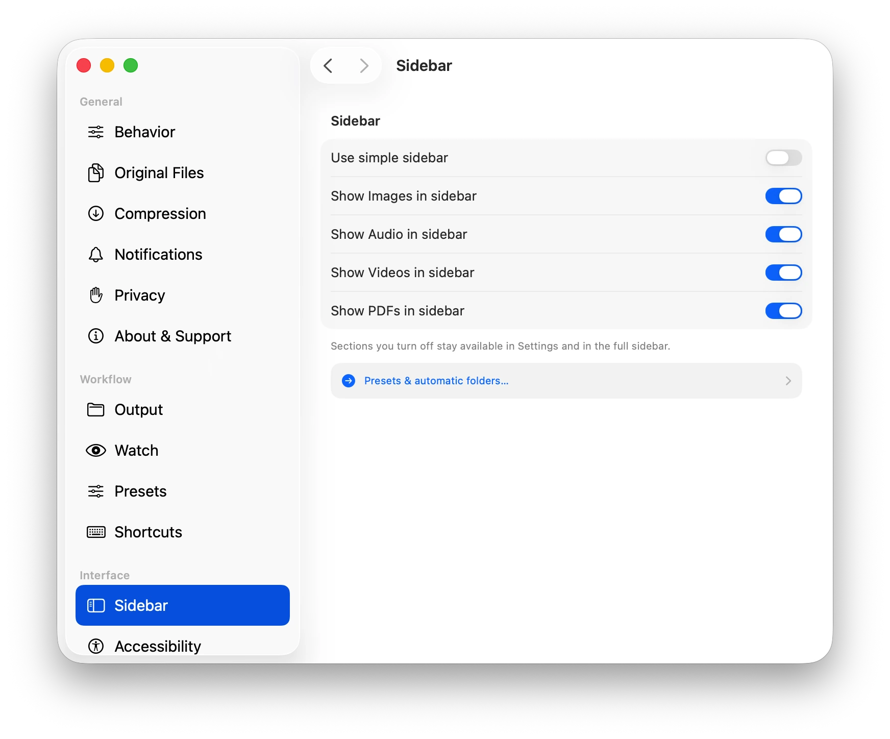 Dinky Sidebar settings with toggles for showing Images, Audio, Videos, and PDFs in the sidebar