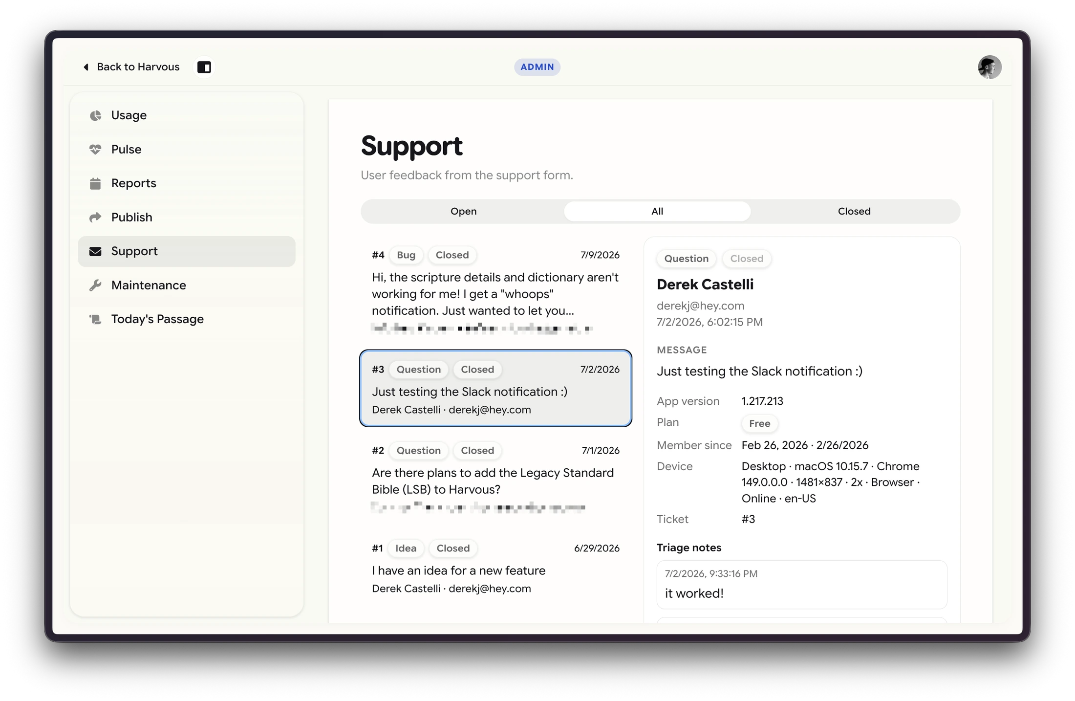 Harvous admin Support inbox with ticket list, selected question from Derek Castelli, device context, and triage notes
