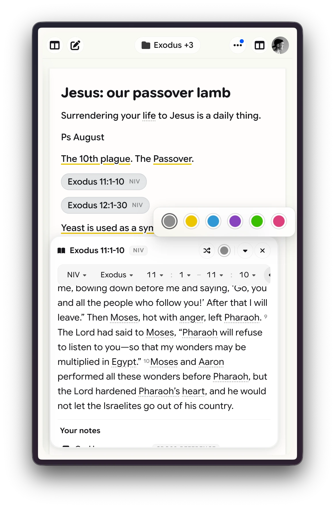 Inline Exodus scripture card with translation and verse-range controls open over a study note, plus highlight color swatches