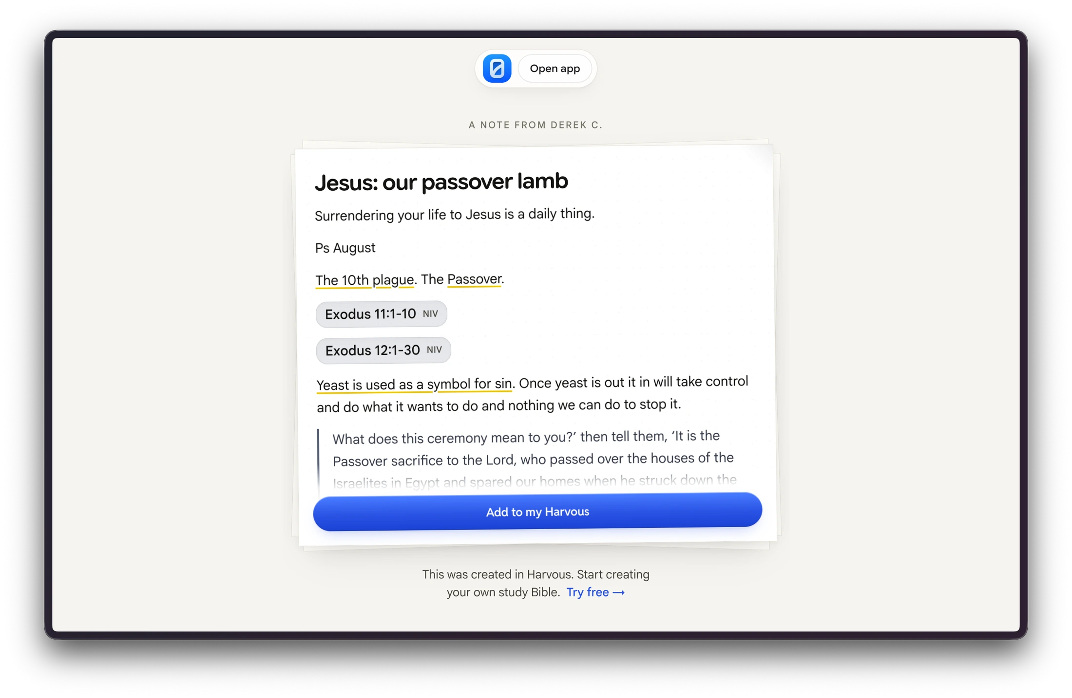A shared Harvous note page for Jesus: our passover lamb with Open app and Add to my Harvous actions