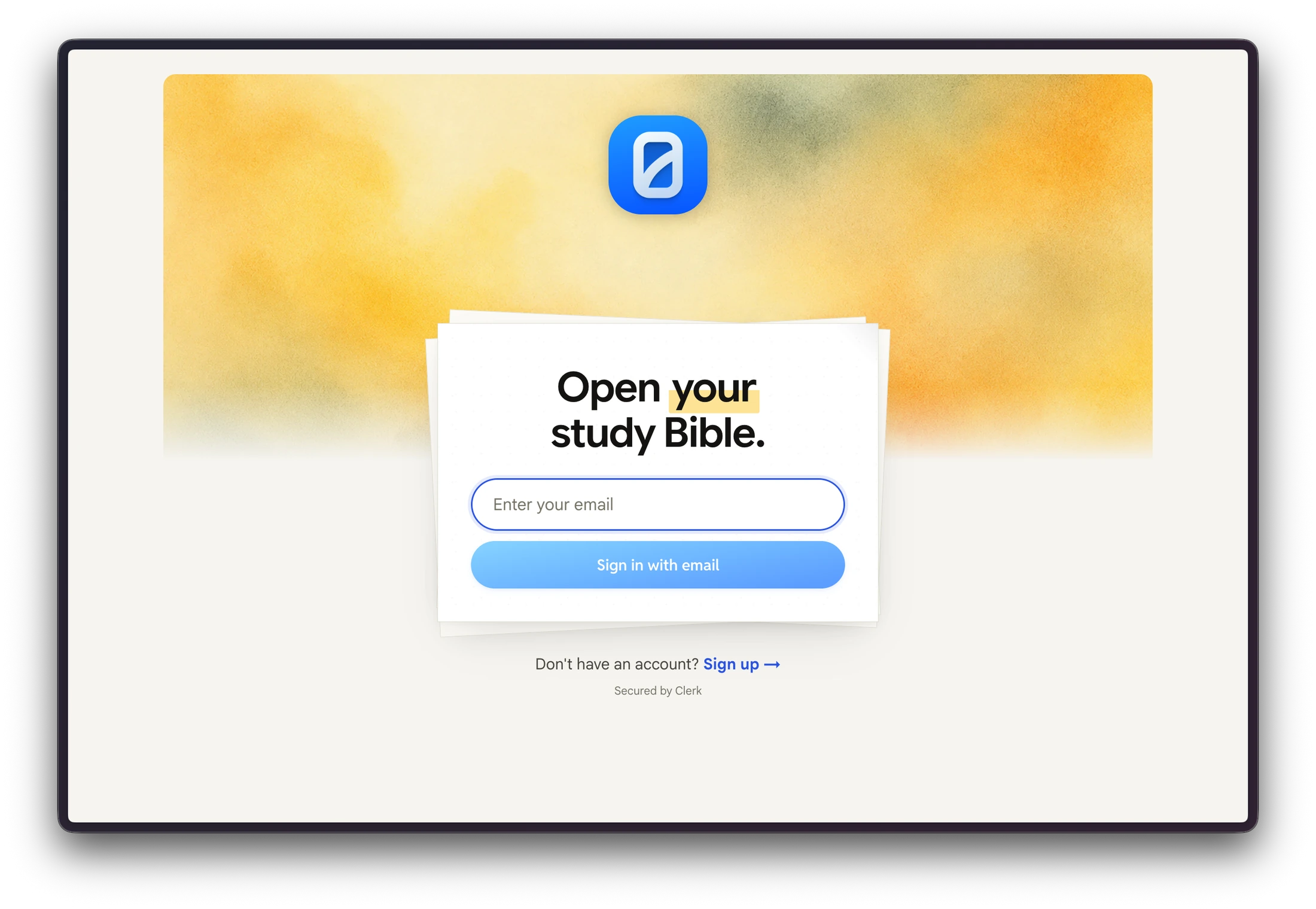 Harvous sign-in screen with Open your study Bible headline and email sign-in