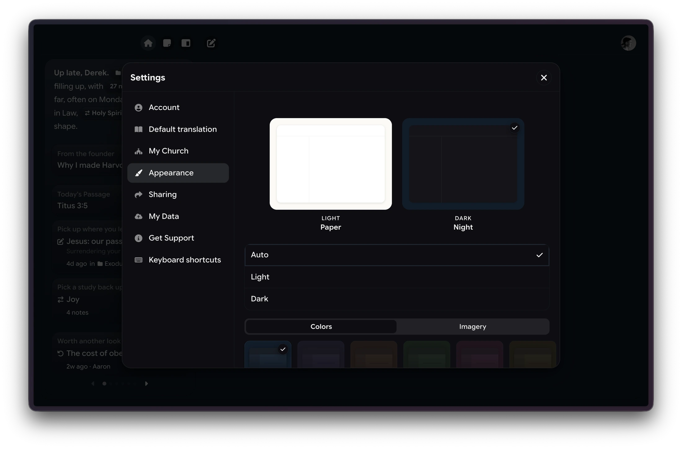 Harvous Appearance settings with Light Paper and Dark Night theme previews, Auto mode, and accent color swatches
