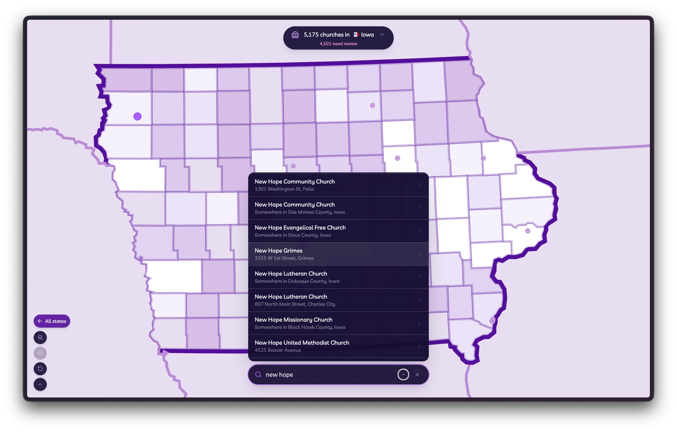 Here's My Church Iowa map with a New Hope search open and results listed above the search bar