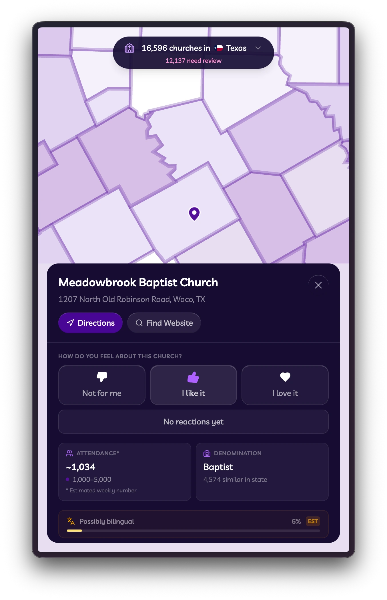 Church detail card for Meadowbrook Baptist Church with estimated attendance, denomination, reactions, and bilingual estimate