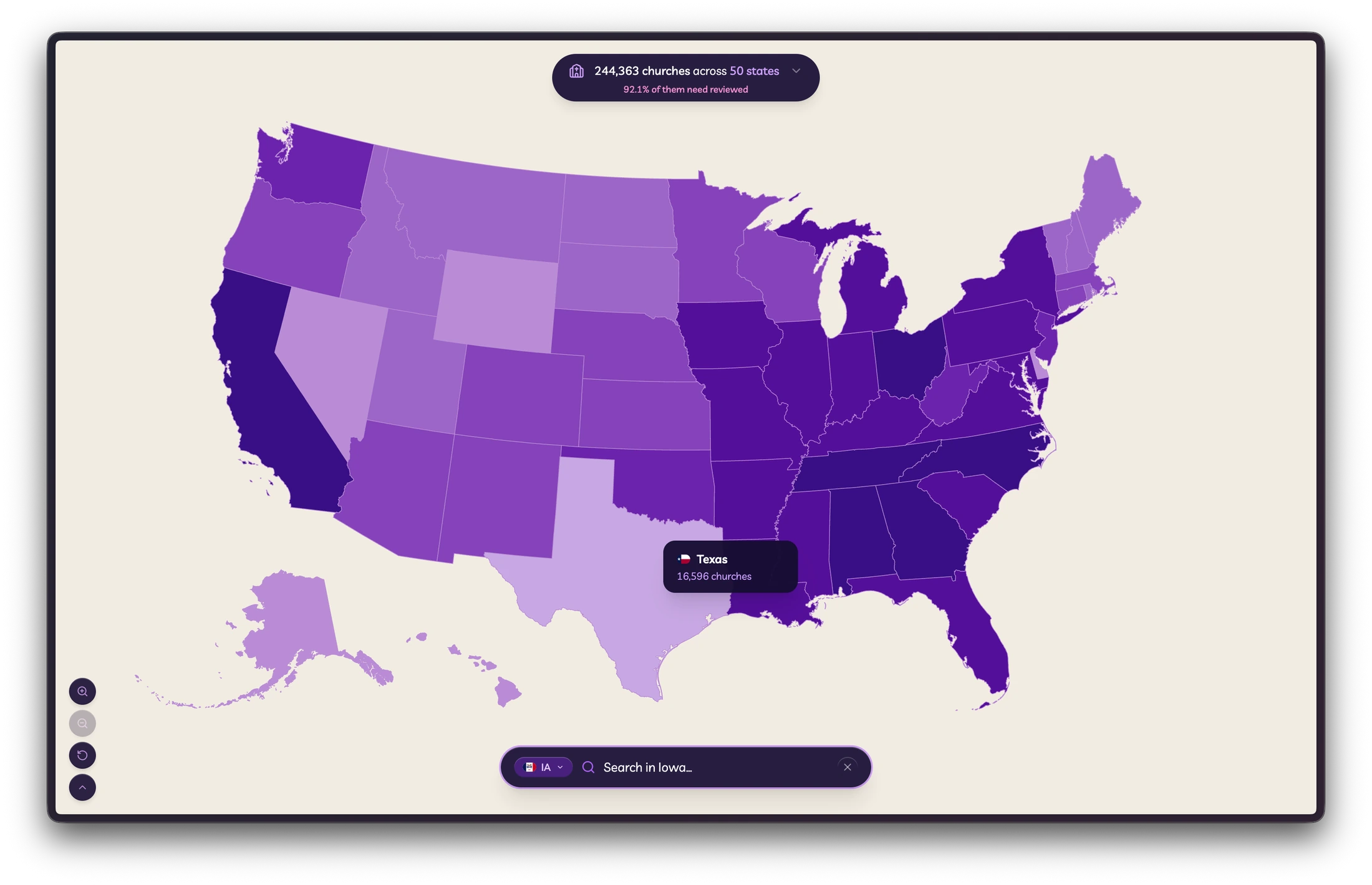 National Here's My Church map showing 244,363 churches across 50 states with Texas highlighted at 16,596 churches