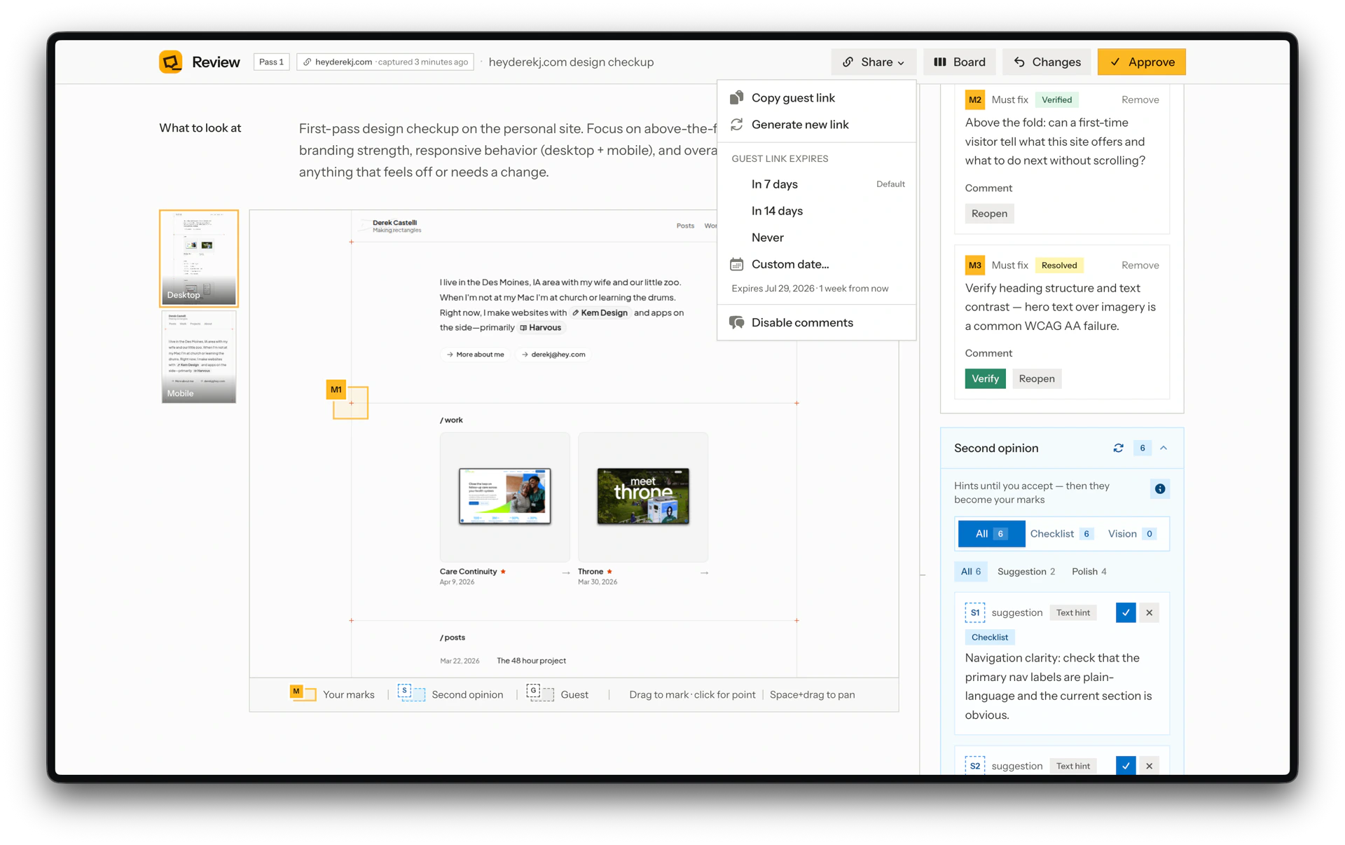 ReviseMy Share menu with copy guest link, generate new link, and expiry options