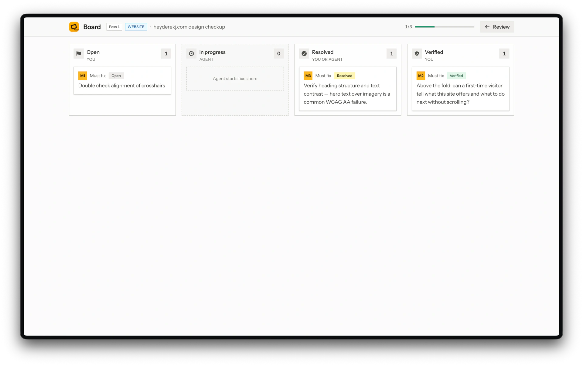 ReviseMy Board with Open, In progress, Resolved, and Verified columns for a design checkup