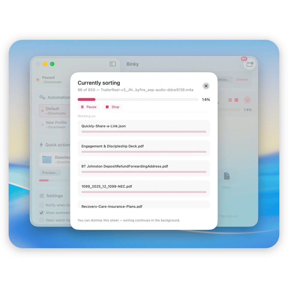 Binky's Currently sorting sheet with a progress bar and the files being moved, with pause and stop controls