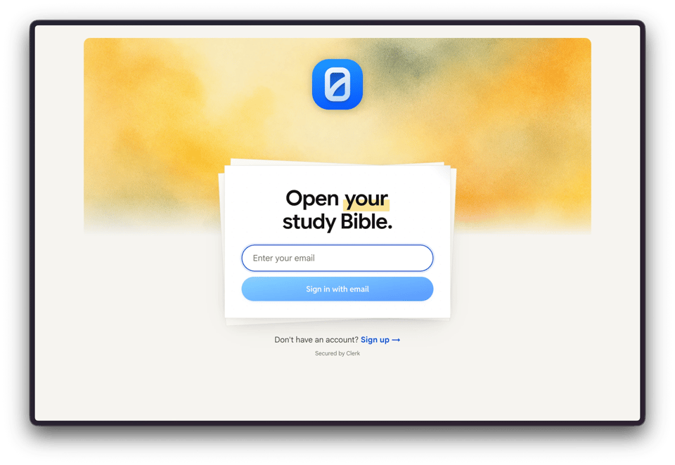Harvous sign-in screen with Open your study Bible headline and email sign-in