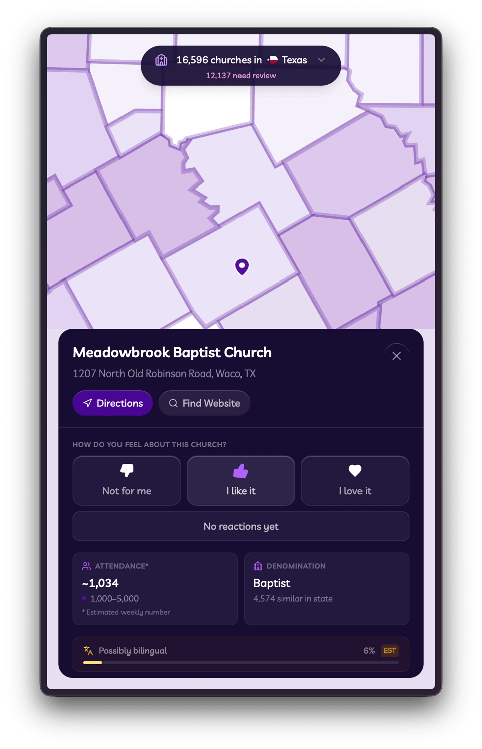 Church detail card for Meadowbrook Baptist Church with estimated attendance, denomination, reactions, and bilingual estimate