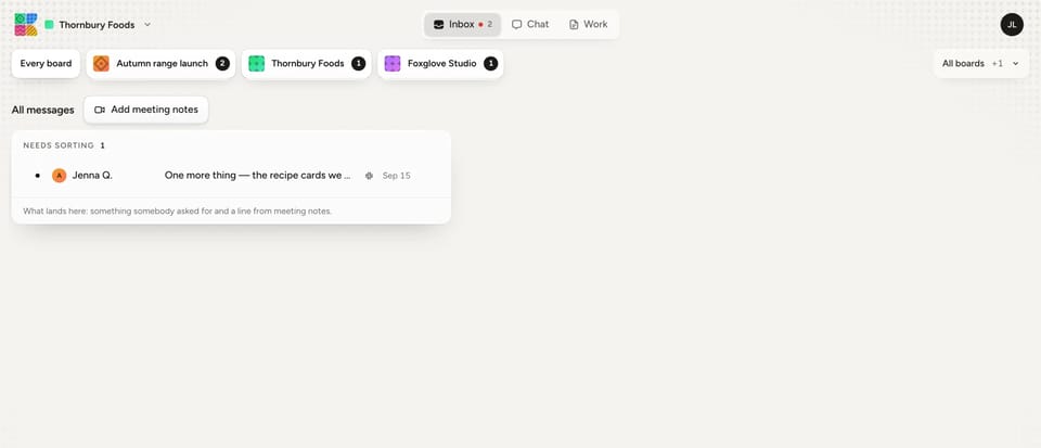 The Koati inbox with a request from a colleague waiting to be sorted