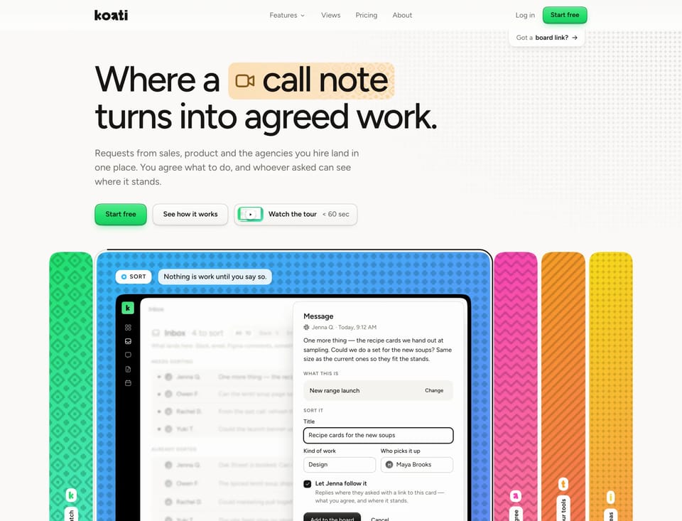 The redesign: a left-aligned headline over five woven tiles, one for each step, with the Sort tile open on a message being sorted into a card
