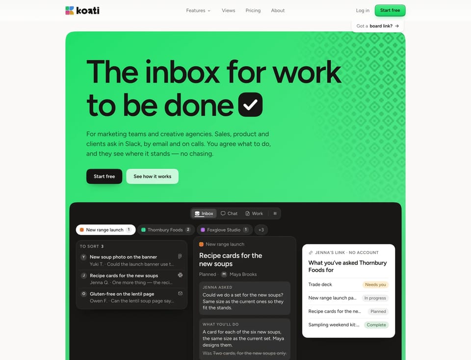 The current site: 'The inbox for work to be done' on a green woven block, with the app drawn underneath