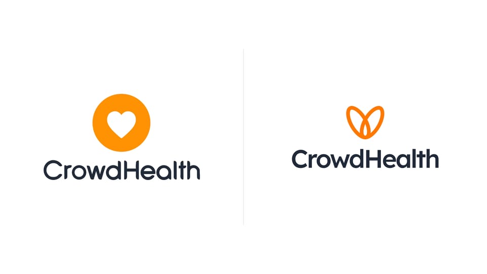 The current CrowdHealth logo, a white heart in an orange circle, beside the new open heart mark